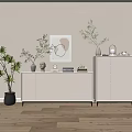 Modern Dresser In Minimalist Interior With Beige Walls Abstract Painting Green Plants And Wooden Floors