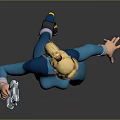 3D Render of Blonde Female Character in Blue Bodysuit Holding Gun and Wearing Roller Skates