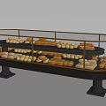Curved Glass Display Cabinet with Multiple Shelves Holding Assorted Breads and Pastries