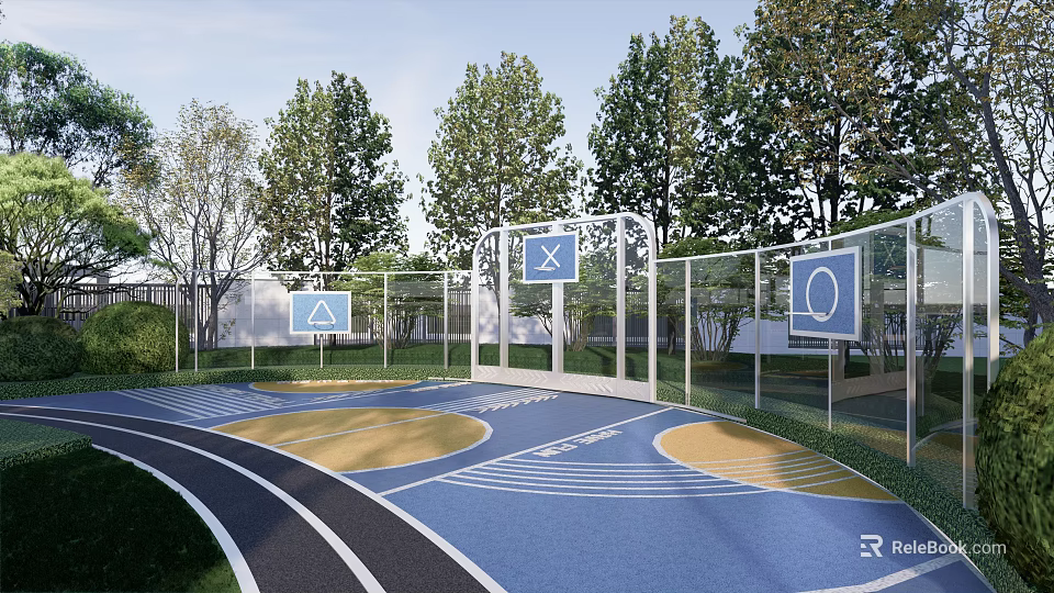 Outdoor Basketball Court With Blue Yellow Surface Track Trees Fence And Signs 3d model 