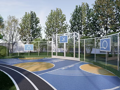 Outdoor Basketball Court With Blue Yellow Surface Track Trees Fence And Signs 3d model
