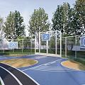 Outdoor Basketball Court With Blue Yellow Surface Track Trees Fence And Signs