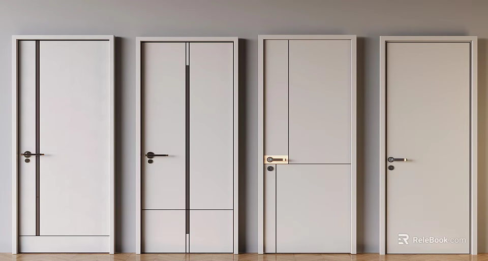 Modern White Interior Hinged Doors With Different Handle Designs Arranged In Row 3d model