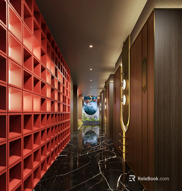 Elegant Hotel Corridor With Red Bookshelf Wall Dark Wooden Panels And Black Marble Flooring 3d model 