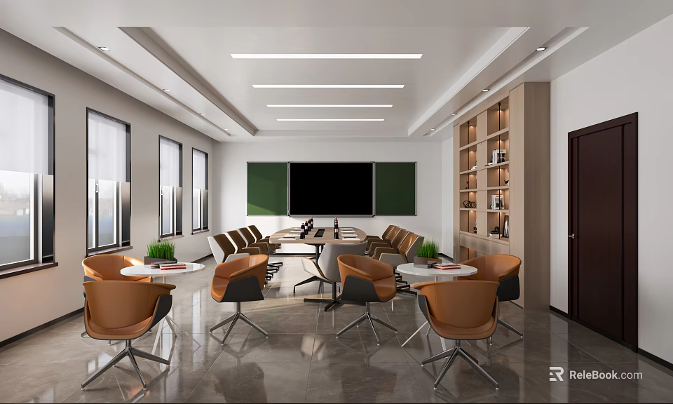 Modern Conference Room Design With Long Table Chairs Large Screen And Bookshelves 3d model 
