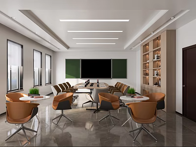 Modern Conference Room Design With Long Table Chairs Large Screen And Bookshelves 3d model