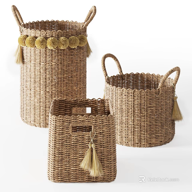 Three Handwoven Wicker Storage Baskets with Pom poms Tassels and Handles for Home Decor 3d model 