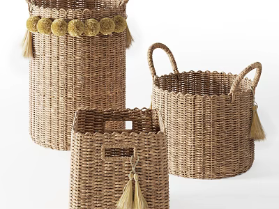 Three Handwoven Wicker Storage Baskets with Pom poms Tassels and Handles for Home Decor 3d model