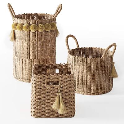 Three Handwoven Wicker Storage Baskets with Pom poms Tassels and Handles for Home Decor 3d model