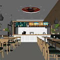 Modern Restaurant Interior With Wooden Decor Green Seats Pendant Lights And Menu Board