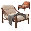 Cozy Modern Accent Chair With Beige Cushion Orange Seat Wooden Frame And Gray Throw Blanket