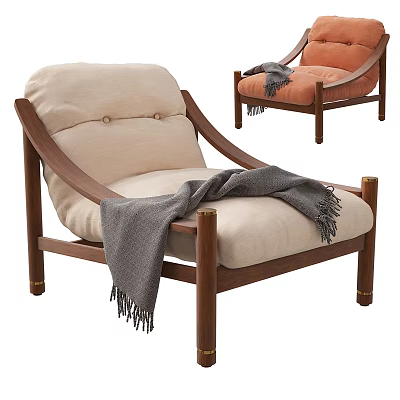 Cozy Modern Accent Chair With Beige Cushion Orange Seat Wooden Frame And Gray Throw Blanket 3d model