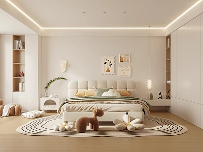 Modern Bedroom Interior With Upholstered Headboard Round Rug Wooden Floor And Ceiling Light Strips 3d model