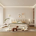 Modern Bedroom Interior With Upholstered Headboard Round Rug Wooden Floor And Ceiling Light Strips