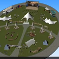 Scenic Camping Site With Circular Layout White Tents Grass Area And Fire Pit