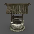 Traditional Garden Ornament Well With Wooden Shingle Roof And Stone Circular Base