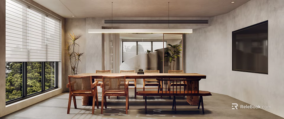 Modern Meeting Room Interior With Long Wooden Table Rattan Chairs Bench And Plants 3d model 
