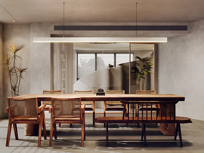 Modern Meeting Room Interior With Long Wooden Table Rattan Chairs Bench And Plants 3d model