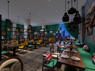 Modern Restaurant Interior With Hanging Chandeliers Green Curtains And Wooden Tables 3d model