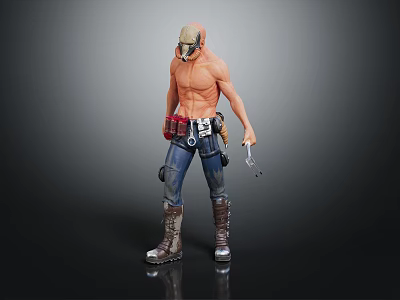 Shirtless Male Character Wearing Helmet With Tool Belt Blue Jeans Boots And Holding Wrench 3d model