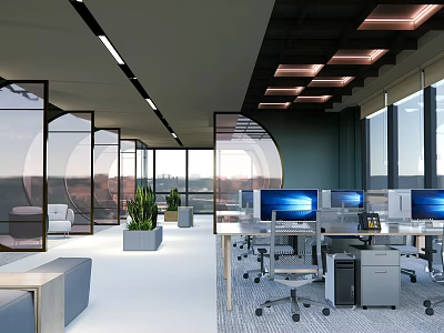 Open Public Office Space with Modern Desks Computers Green Plants Large Windows and Bright Lighting 3d model