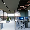Open Public Office Space with Modern Desks Computers Green Plants Large Windows and Bright Lighting