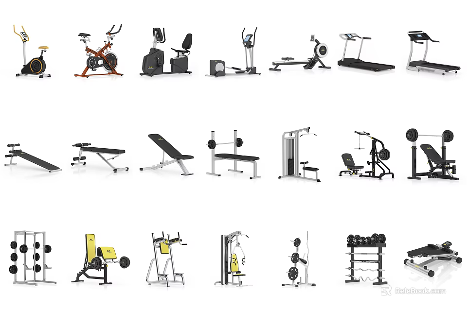 Various Sports Equipment Collection Featuring Treadmill Exercise Bike Dumbbells and Fitness Benches 3d model 