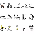 Various Sports Equipment Collection Featuring Treadmill Exercise Bike Dumbbells and Fitness Benches