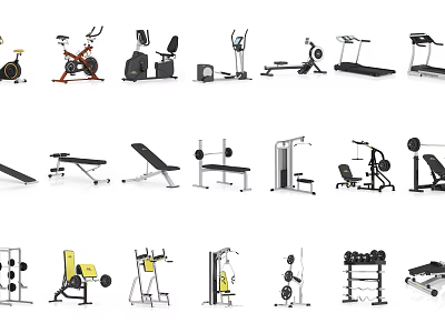 Various Sports Equipment Collection Featuring Treadmill Exercise Bike Dumbbells and Fitness Benches 3d model