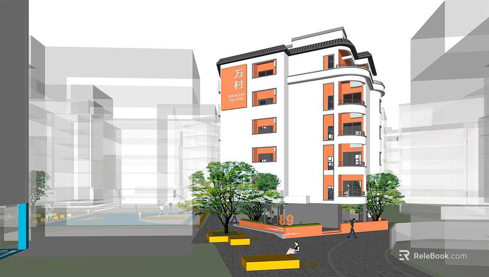Vanke Village Multi Story Residential Building With White Orange Exterior And Green Trees 3d model 