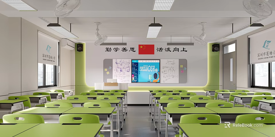 School Classroom With Green Desks Whiteboard National Flag Projector Screen And Bright Learning Environment 3d model 