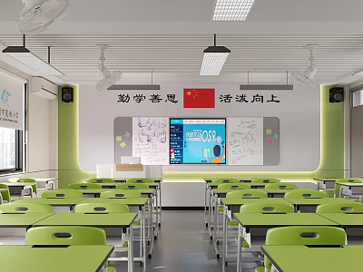 School Classroom With Green Desks Whiteboard National Flag Projector Screen And Bright Learning Environment 3d model