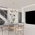 Modern Glass Globe Chandelier Above Dining Table with Staircase and Wall Art