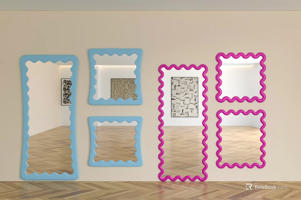 Colorful Blue And Pink Wall Mounted Mirrors With Scalloped Edges And Room Reflections 3d model 