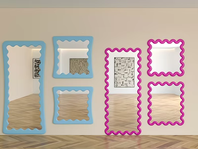 Colorful Blue And Pink Wall Mounted Mirrors With Scalloped Edges And Room Reflections 3d model