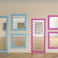 Colorful Blue And Pink Wall Mounted Mirrors With Scalloped Edges And Room Reflections