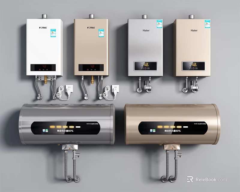 Different Styles Of Home Water Heaters With Wall Mounted And Cylindrical Modern Design 3d model 