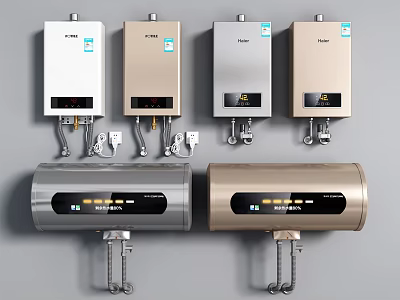 Different Styles Of Home Water Heaters With Wall Mounted And Cylindrical Modern Design 3d model