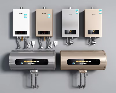 Different Styles Of Home Water Heaters With Wall Mounted And Cylindrical Modern Design 3d model