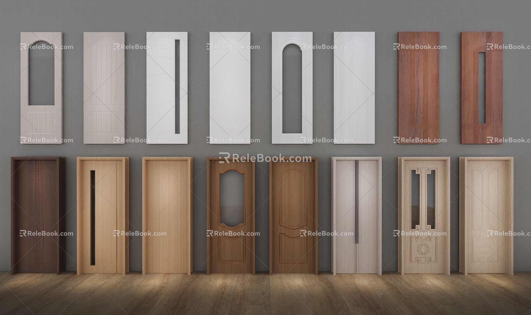 Wooden door panel assembly of swing door 3d model