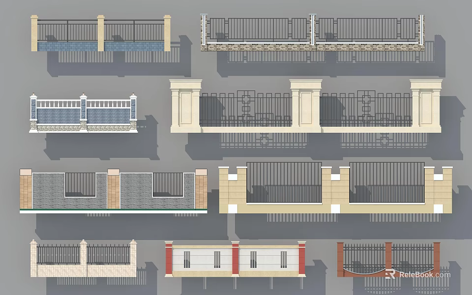 Various Fence And Railing Design Options With Metal And Stone Elements 3d model