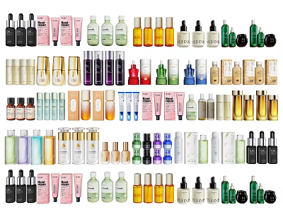 Luxury Perfume Cosmetics Collection Featuring Various Bottles And Colorful Skincare Products 3d model