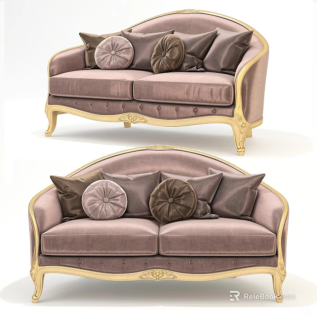 Luxury European Style Sofa With Golden Carved Legs And Soft Pastel Pillows 3d model 
