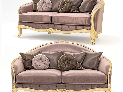 Luxury European Style Sofa With Golden Carved Legs And Soft Pastel Pillows 3d model