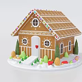 Cartoon Gingerbread House Scene With Colorful Candy Roof Small Green Trees And Snowy Base