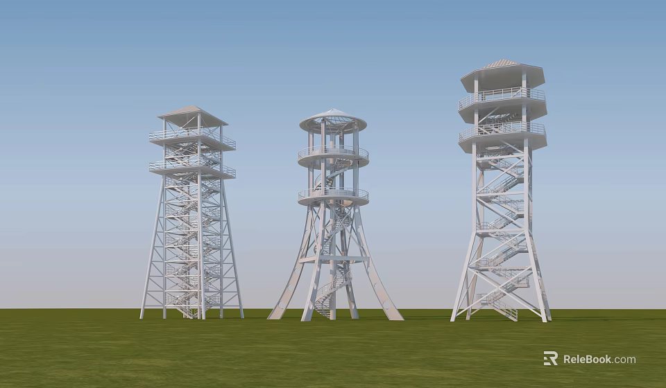 White Spiral Staircase Towers In Garden Landscape With Green Grassland And Blue Sky 3d model 