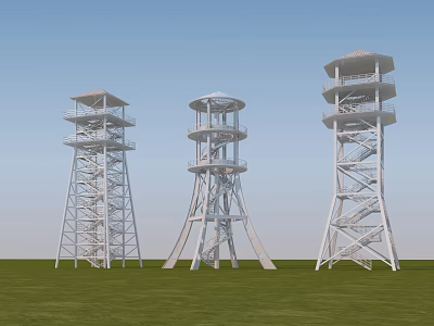 White Spiral Staircase Towers In Garden Landscape With Green Grassland And Blue Sky 3d model
