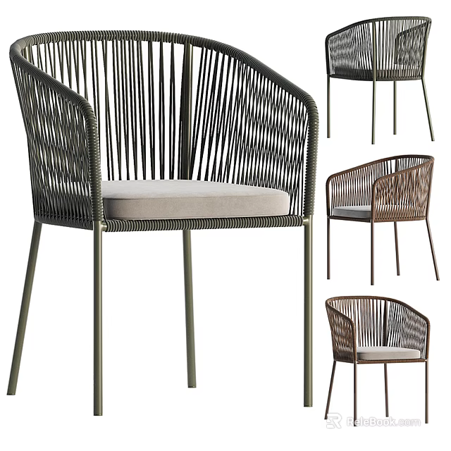 Dark Rattan Leisure Chair With Metal Legs Armrests And Light Cushion 3d model 