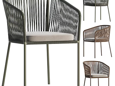Dark Rattan Leisure Chair With Metal Legs Armrests And Light Cushion 3d model