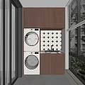 Wooden Balcony Cabinet With Stacked Washing Machine Dryer And Black Cross Tile